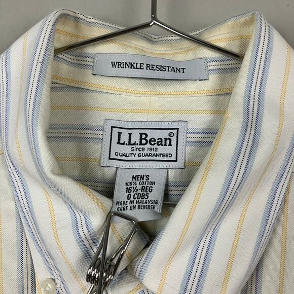 LL Bean Button Up Shirt Mens 16.5 Reg Blue Stripe Short Sleeve Wrinkle Resistant - Picture 2 of 4